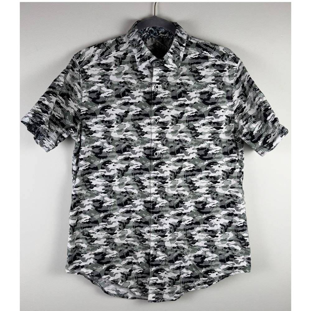 Robert Graham Mens Small Digital Camo Houndstooth Short Sleeve Button Down Shirt